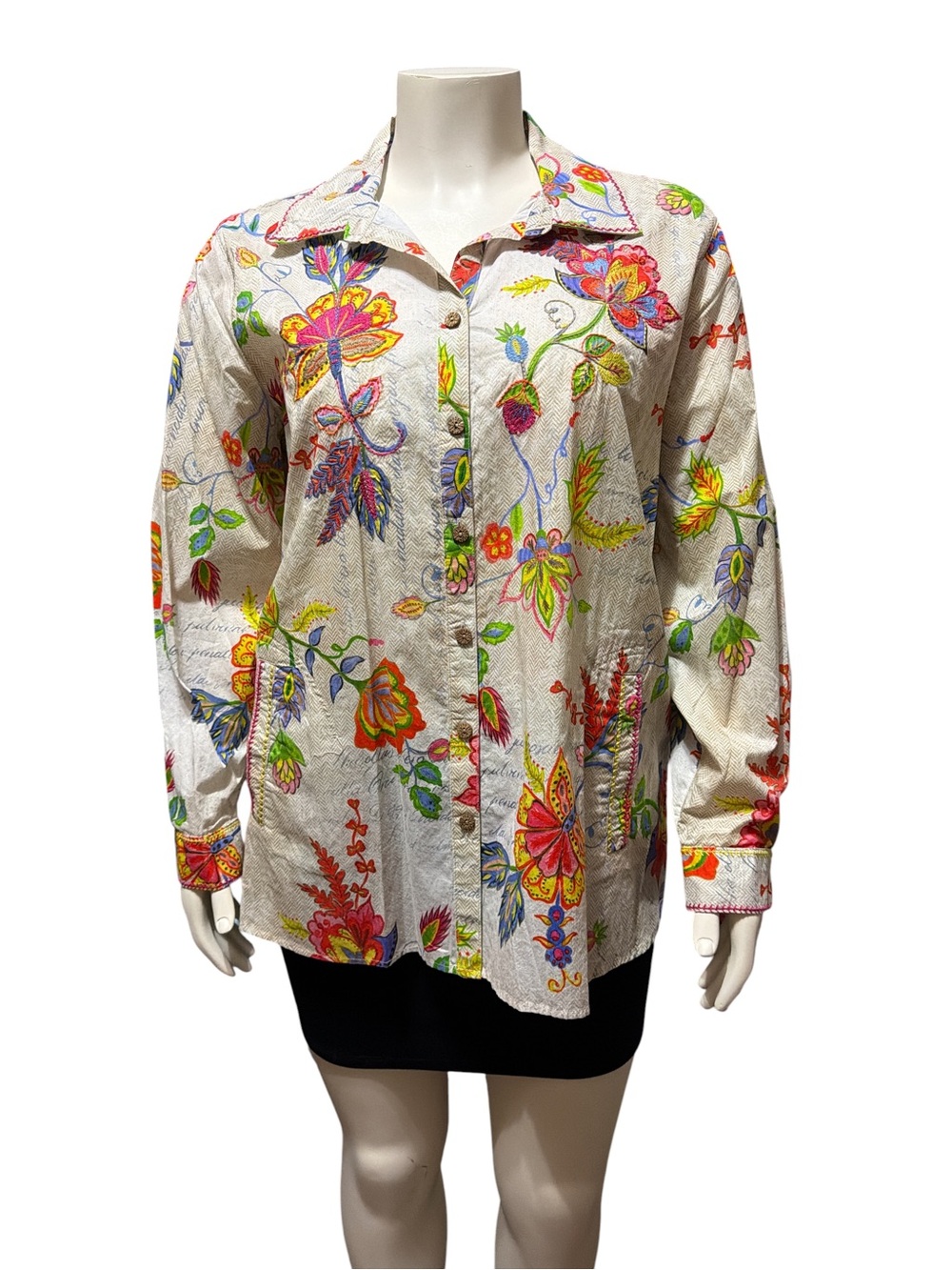 NWT John Mark Plus  1X Jacobean Floral Script Print Cotton Button-Front Blouse
